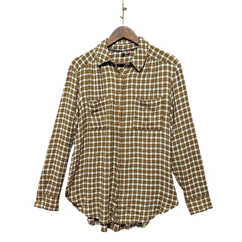 Anthropologie Pilcro Relaxed Brown Plaid Gauzy Button Up Shirt Womens Sz M Tunic